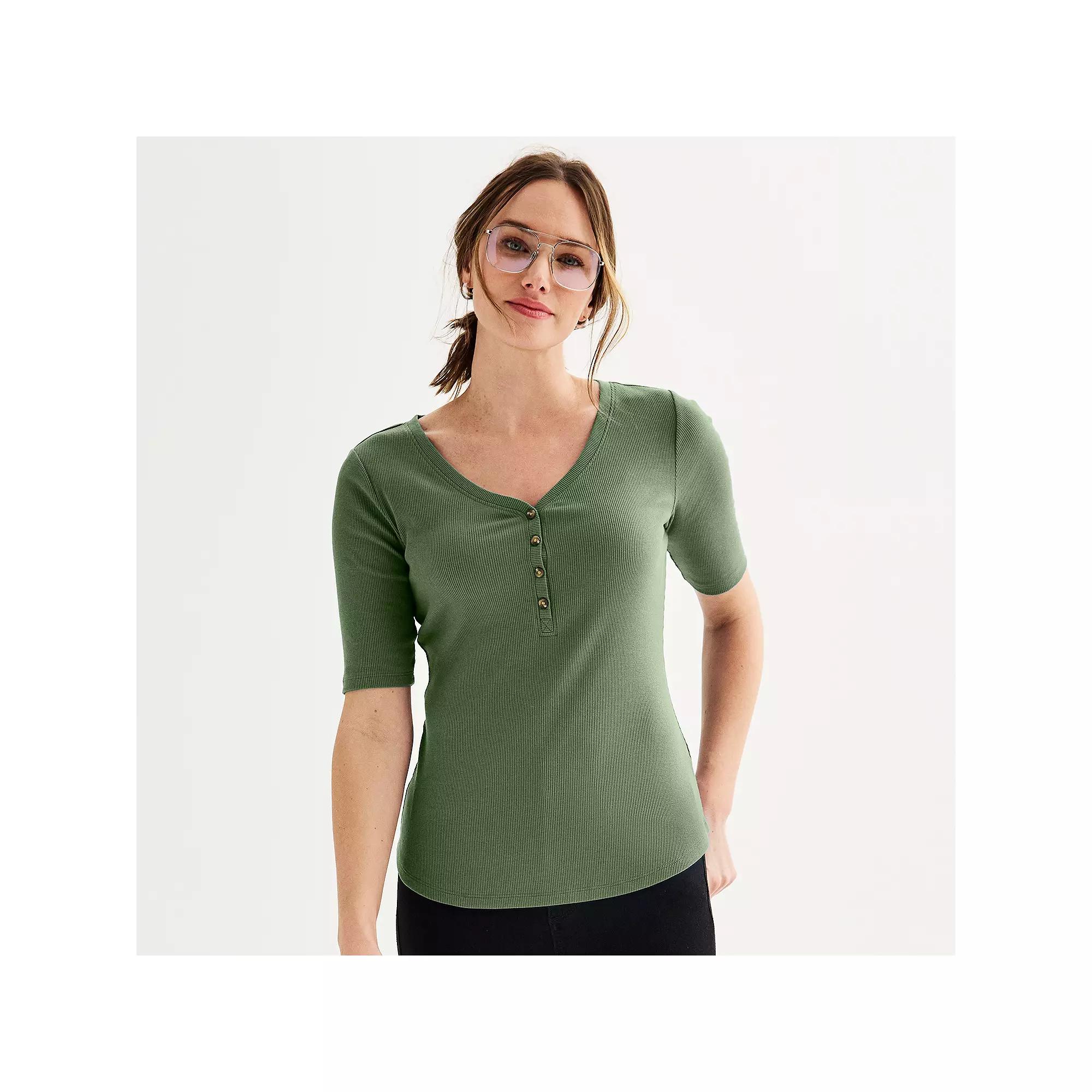 Petite Sonoma Goods For Life® Slim Fit Elbow Sleeve Henley Top, Women's, Size: XL Petite, Manolo Green Product Image