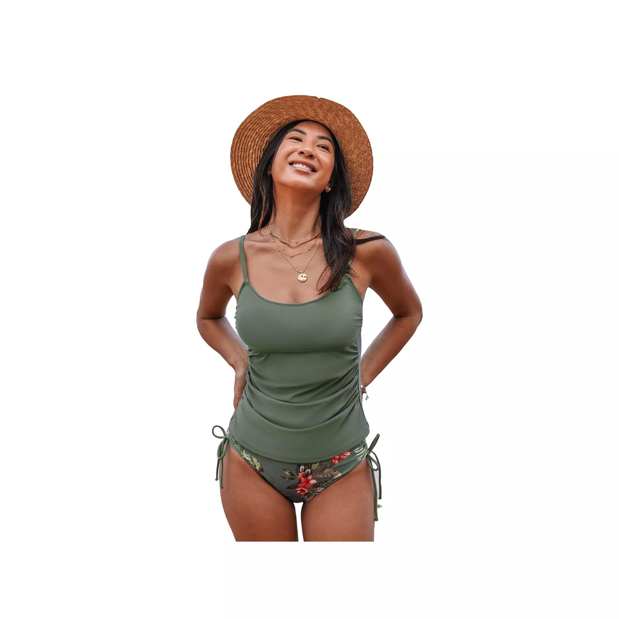 Women's Cupshe 2-Piece Ruched Tie Tankini Swim Top & Bikini Swim Bottoms Set,  Product Image