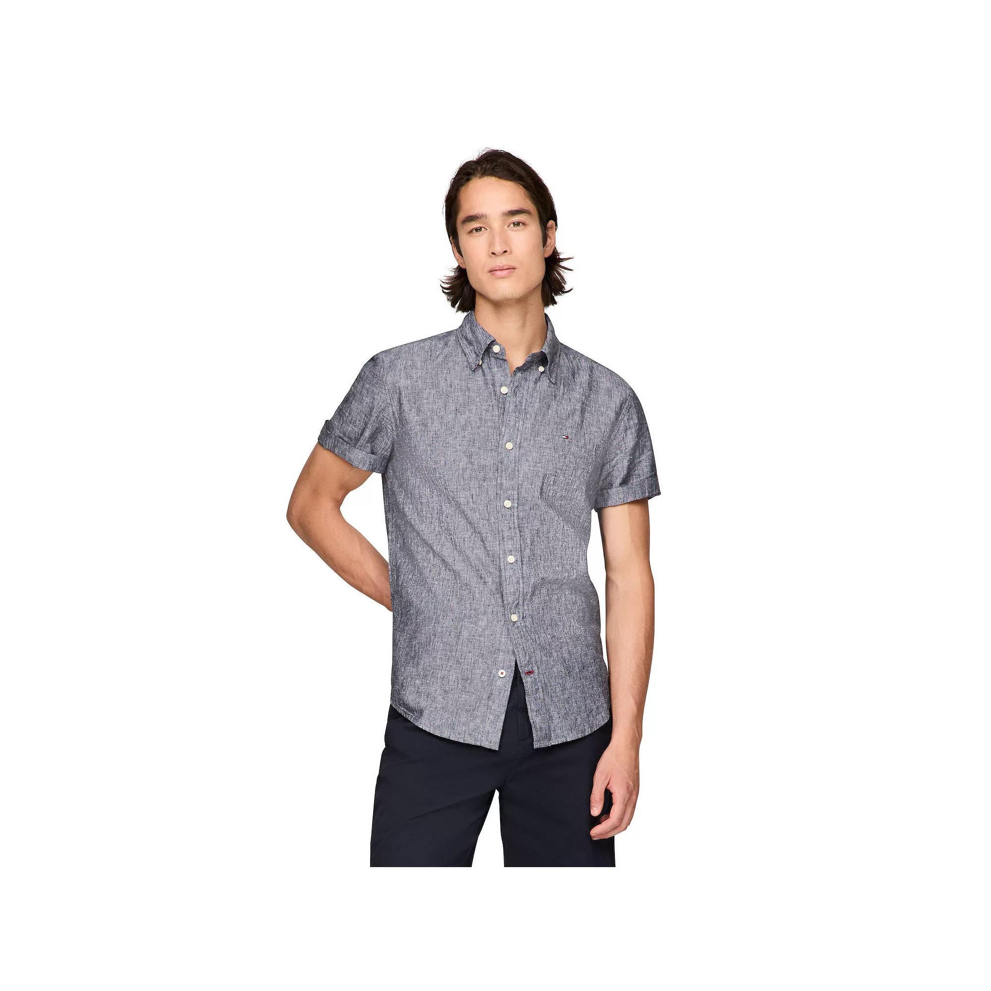 Men's Tommy Hilfiger Short Sleeve Linen Blend Solid Shirt,  Product Image
