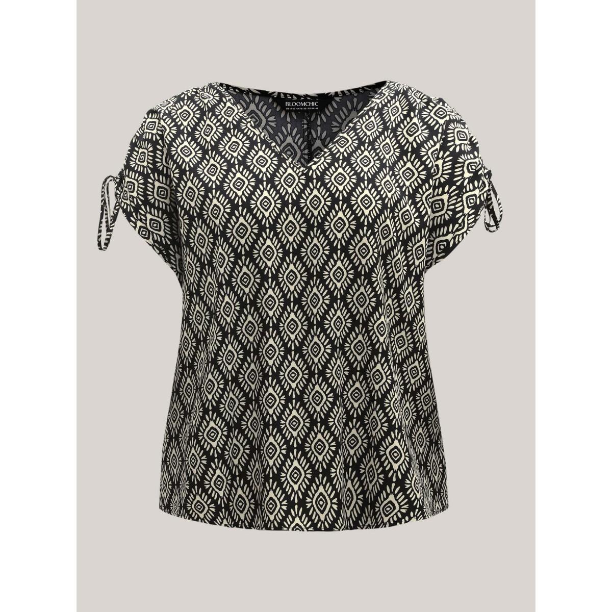 Plus Size Black Boho Print Drawstring Sleeve Blouse Women Cap Sleeve V-neck Vacation Blouses BloomChic 22-24/3X Product Image