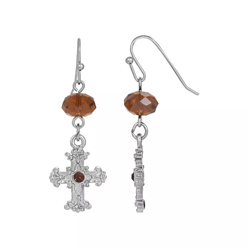 Symbols of Faith Silver-Tone Black Crystal Cross Drop Earrings, Women's, Brown Product Image