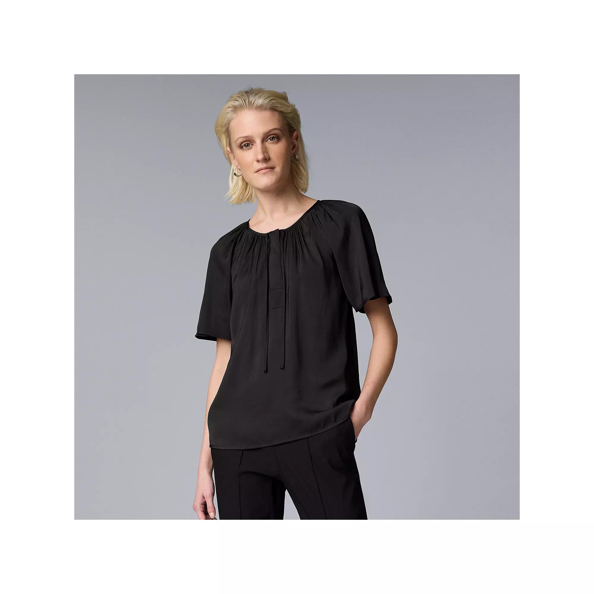 Women's Simply Vera Vera Wang Shirred Tie Neck Short Sleeve Blouse, Size: XS, Black Product Image