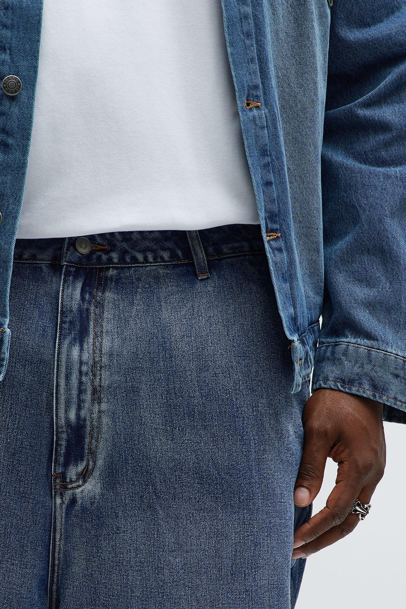 Baggy Faded Paneled Jeans - Medium Blue Wash Male Product Image
