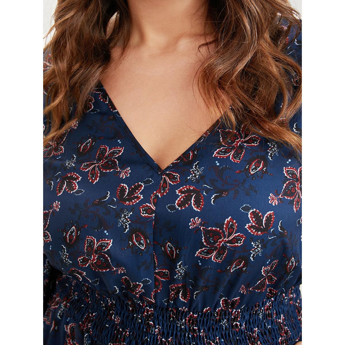 Plus Size Floral V Neck Pocket Lantern Sleeve Shirred Split Dress DarkBlue Women Elegant Pocket V-neck Long Sleeve Curvy Midi Dress BloomChic 30/6X Product Image