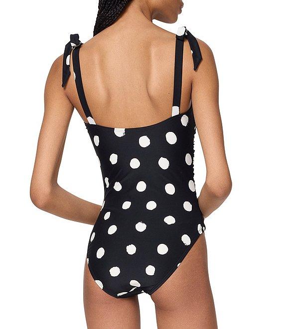 kate spade new york Dotted Print Square Neck Shirred Bandeau One Piece Swimsuit Product Image