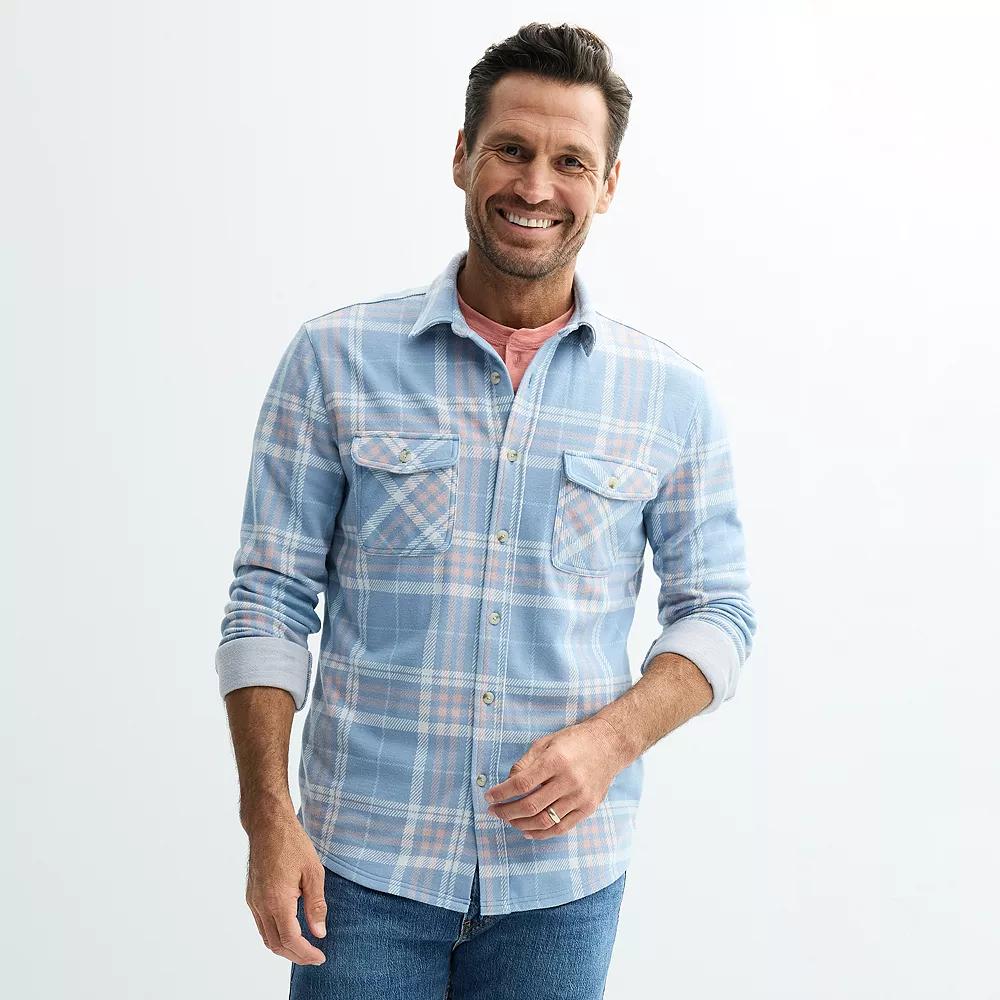 Men's Sonoma Goods For Life® Long Sleeve Supersoft Knit Button-Up Shirt, Size: Large, Light Blue Plaid Product Image