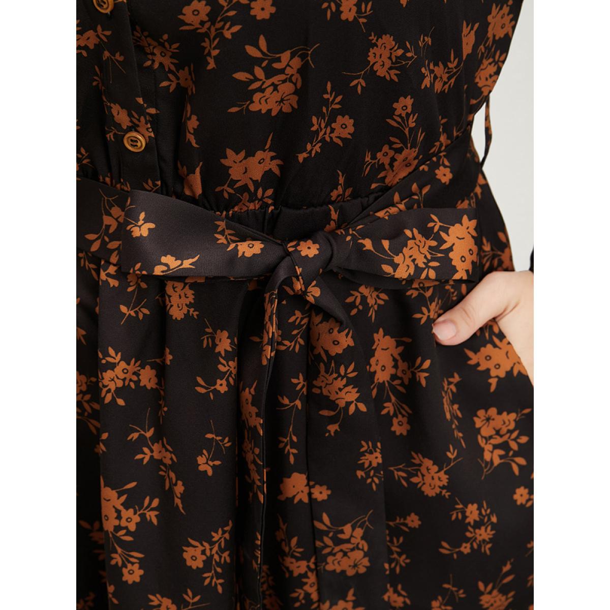 Plus Size Ditsy Floral Pocket Belted Lantern Sleeve Midi Dress Black Women Elegant Button V-neck Long Sleeve Curvy Midi Dress BloomChic 10/M Product Image