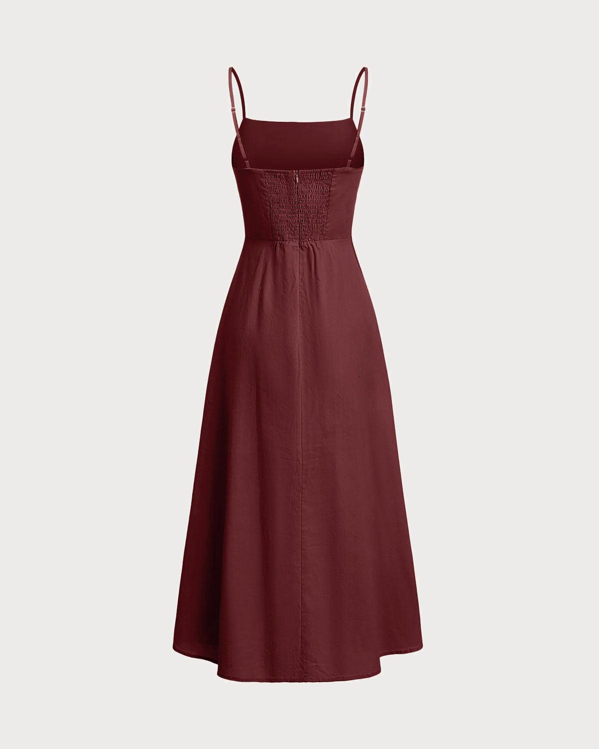 Wine Red Square Neck Shirred Slip Midi Dress Product Image