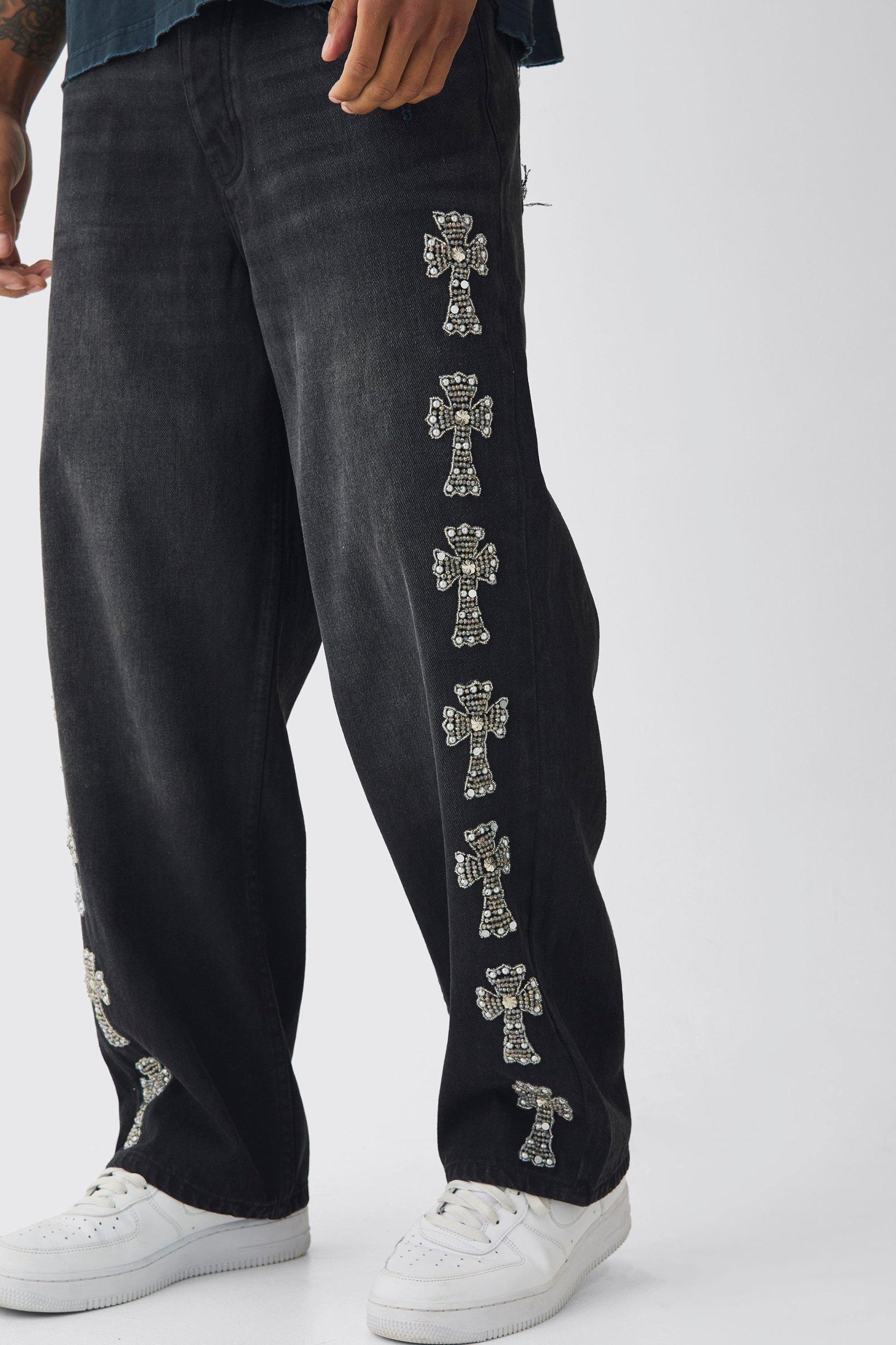 Baggy Rigid Embellished Cross Jeans | boohooMAN USA Product Image