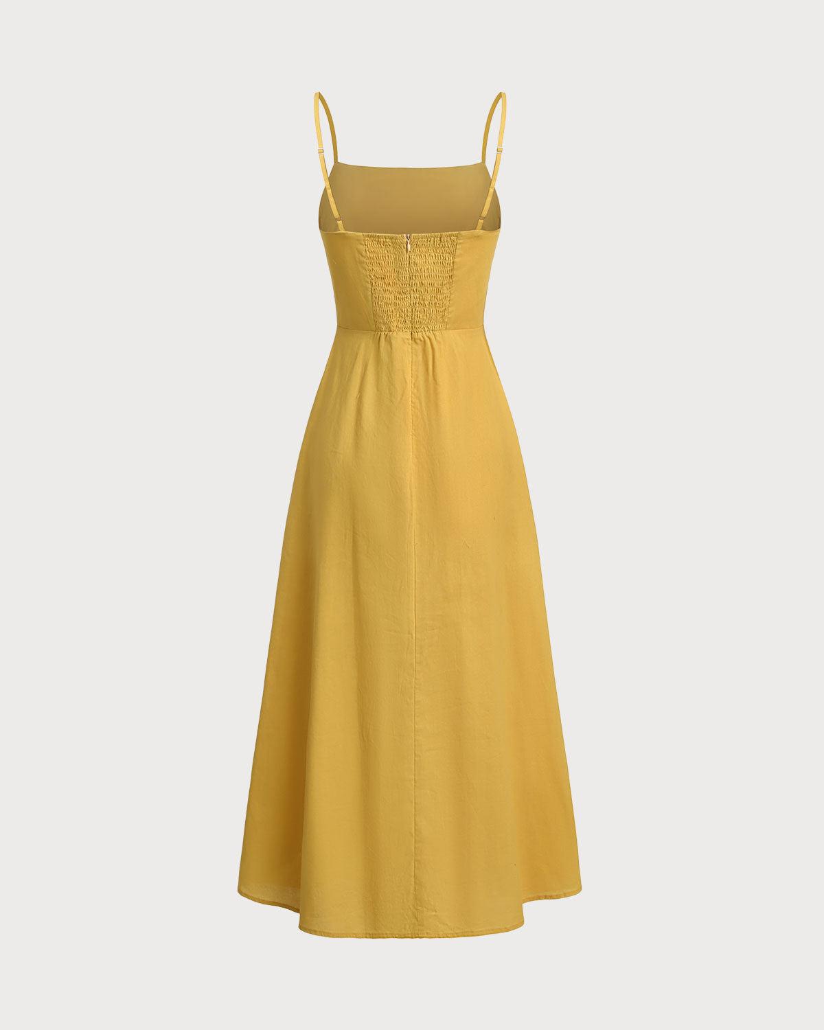 Yellow Square Neck Shirred Slip Midi Dress Product Image
