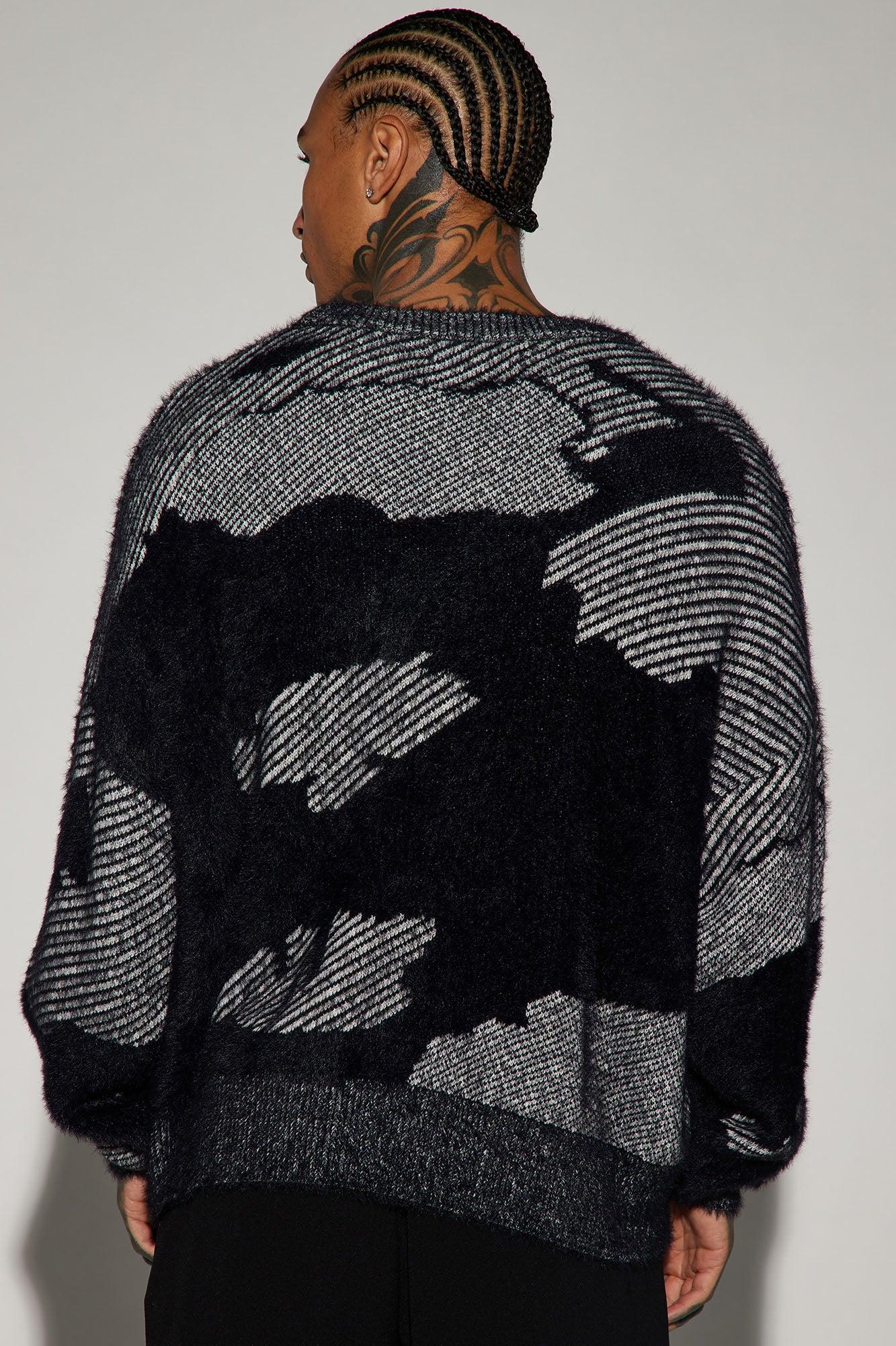 Fuzzy Textured Crewneck Sweater - Black/combo Male Product Image