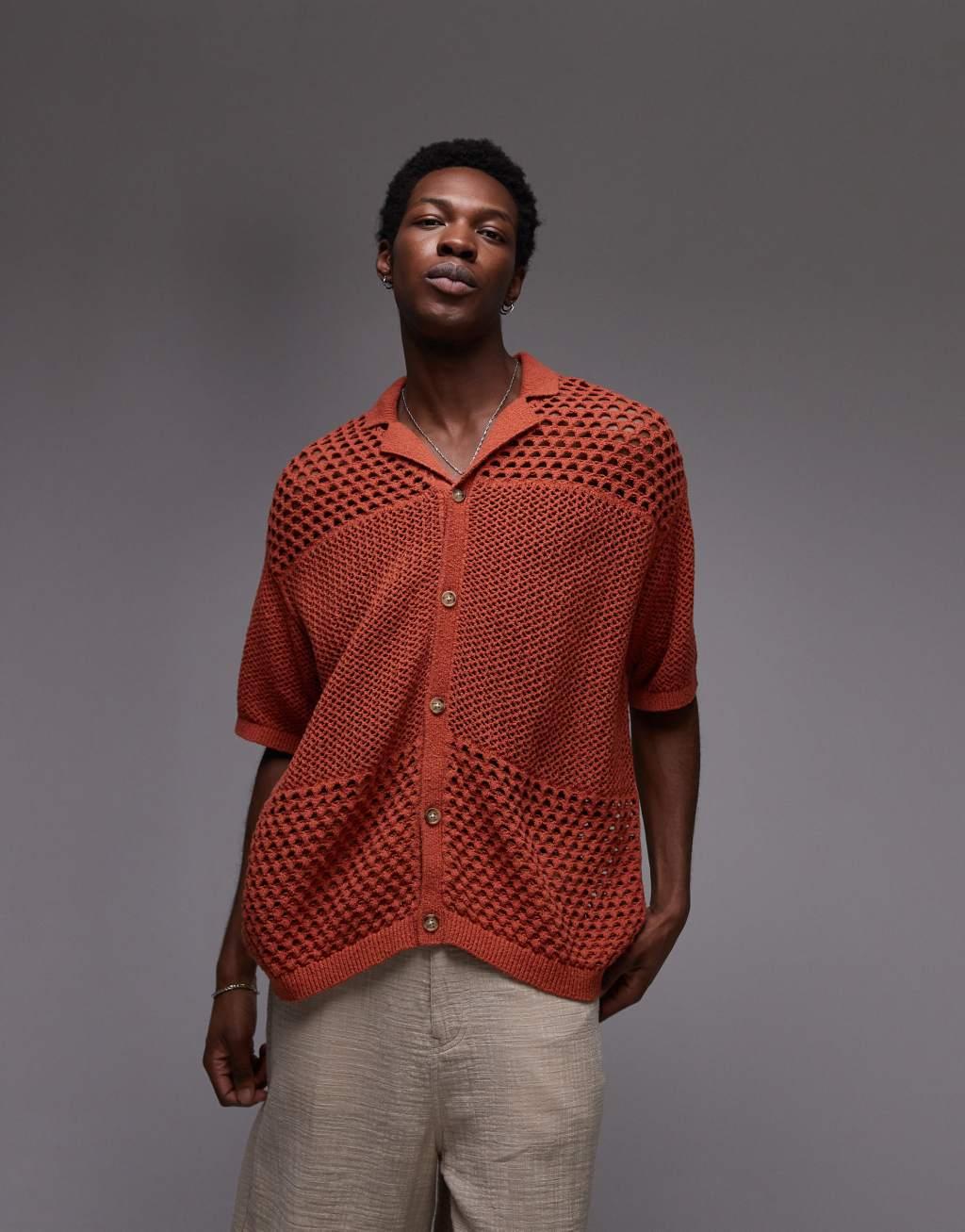 Topman open knit pattern polo in rust Product Image