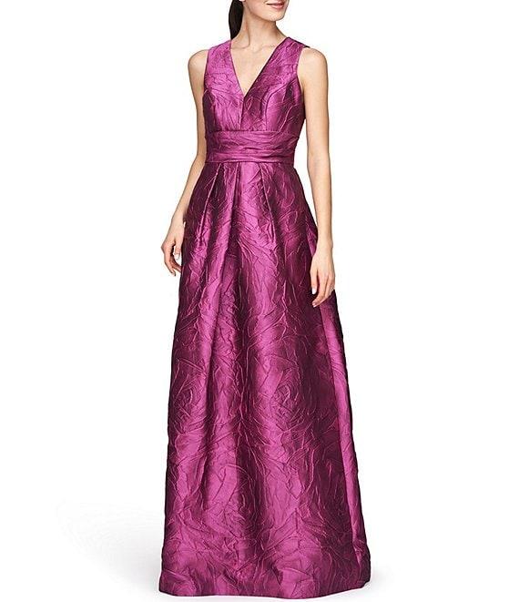 Kay Unger Jacquard V-Neck Sleeveless Pleated Gown Product Image