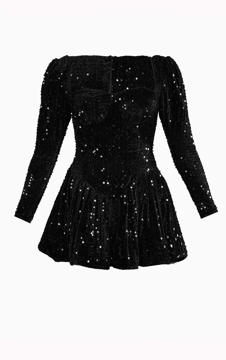 Black Sequin Cup Detail Long Sleeve Skater Romper Product Image
