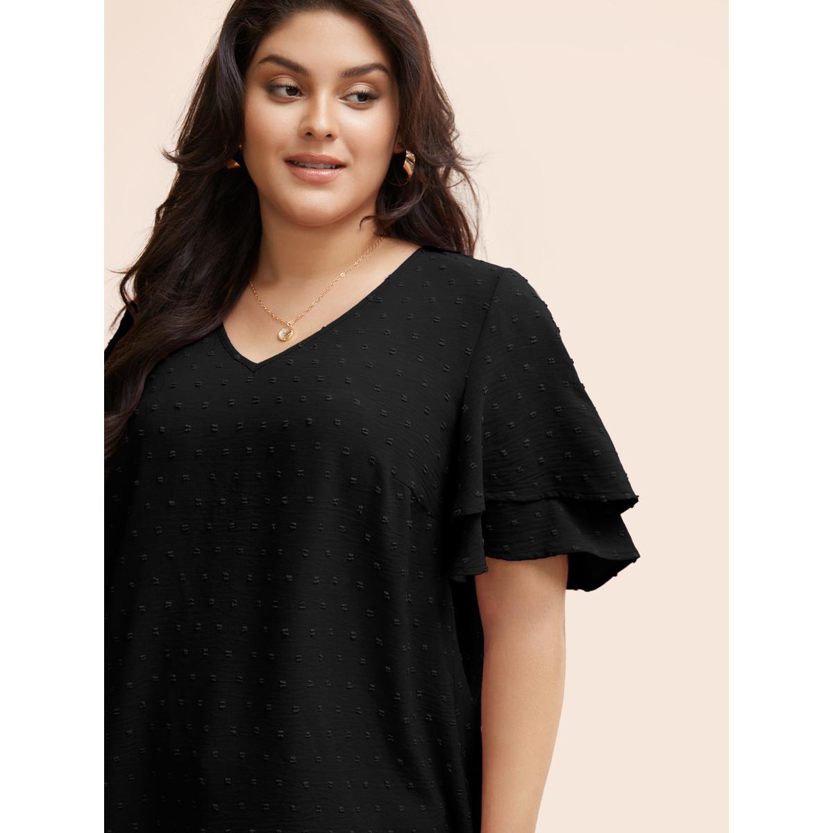 Plus Size Black Plain Ruffle Tiered Sleeve V Neck Polka Dot Blouse Women Timeless Short sleeve V-neck Elegant Blouses BloomChic 26/4X Product Image