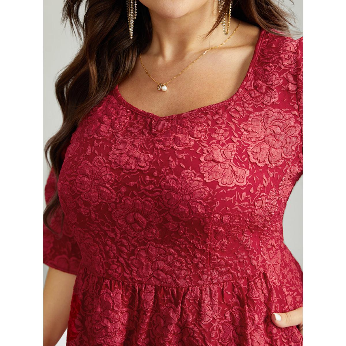 Plus Size Plain Textured Square Neck Pocket Dress Raspberry Women Party Texture Square Neck Elbow-length sleeve Curvy Knee Dress BloomChic 12/L Product Image