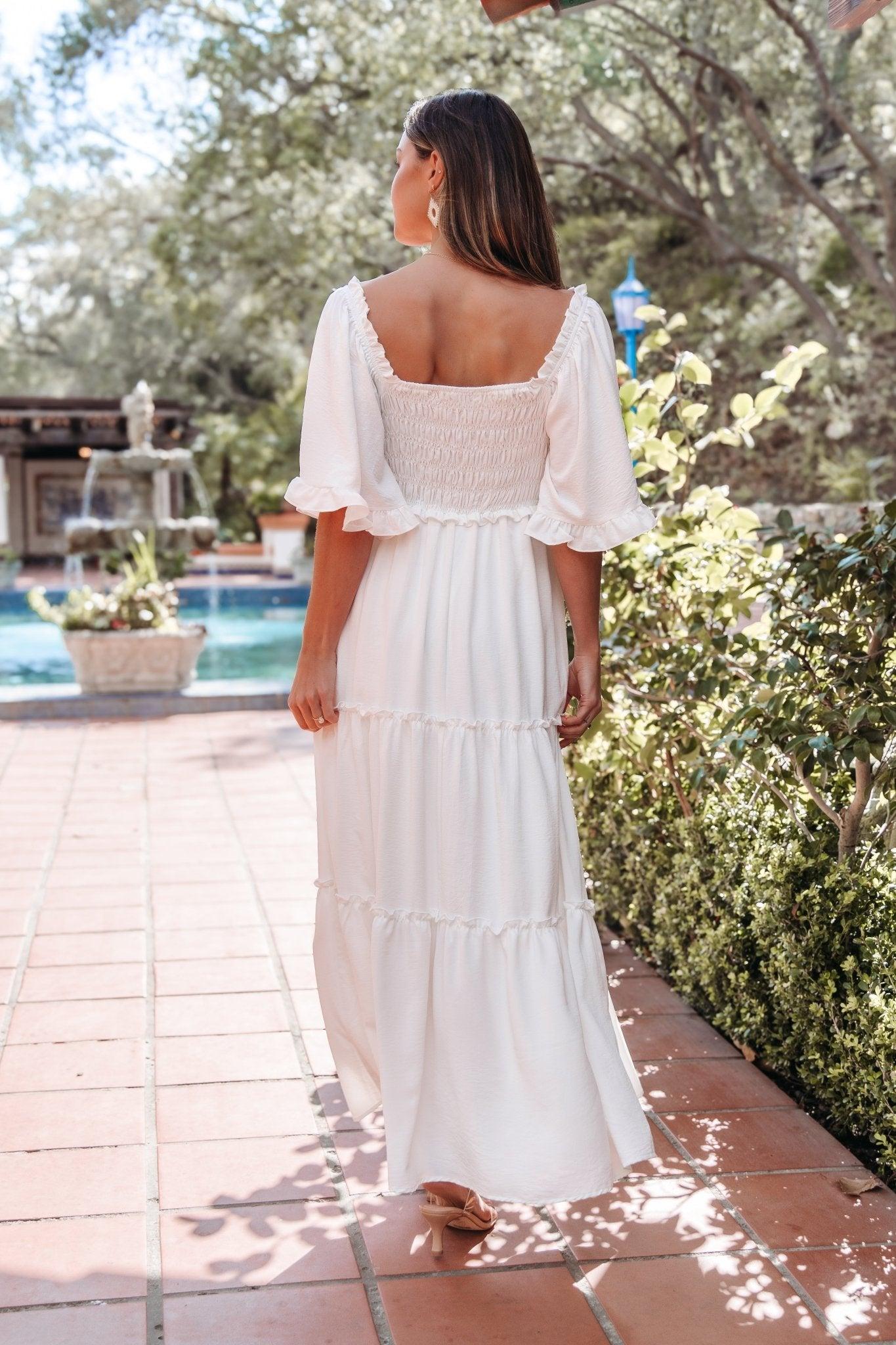 White Flutter Sleeve Smock Tiered Maxi Dress - FINAL SALE Product Image