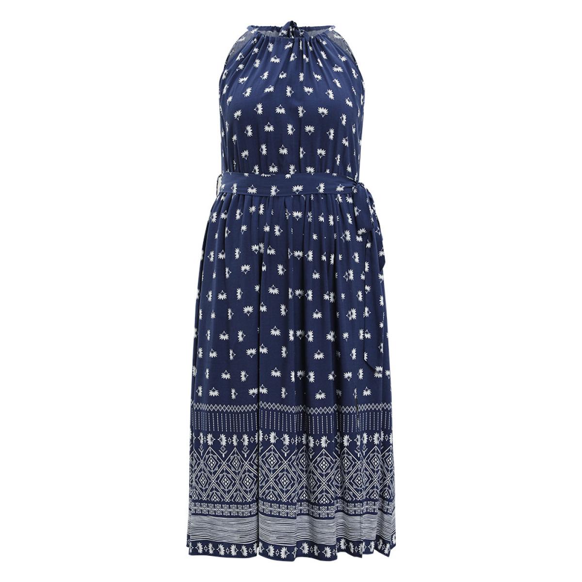 Plus Size Boho Print Knot Halter Pocket Belted Split Dress Indigo Women Vacation Gathered Halter neck Sleeveless Curvy Midi Dress BloomChic 28/5X Product Image