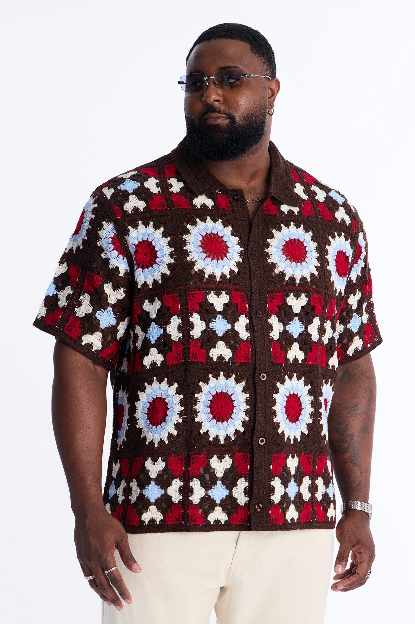 Desert Hues Crochet Button Up Shirt - Brown Male Product Image