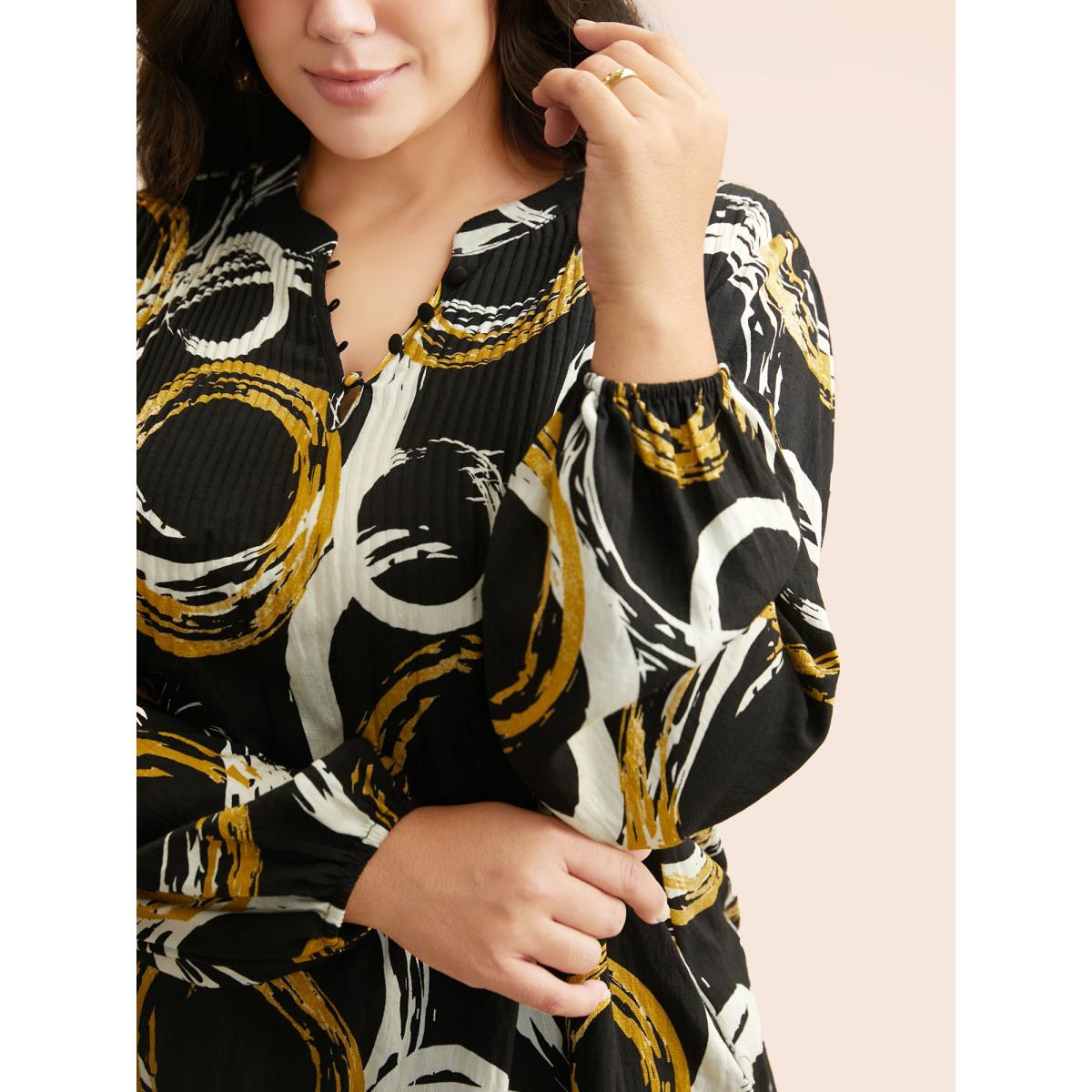 Plus Size BlackFlower Brush Print Pleated Lantern Sleeve Blouse Women At the Office Long Sleeve V-neck Work Blouses BloomChic 12/L Product Image