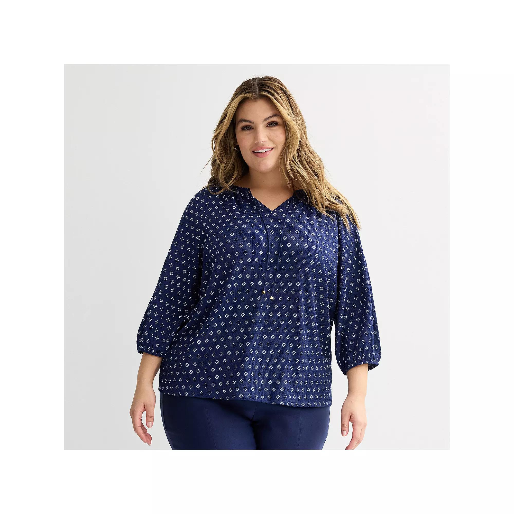 Plus Size Croft & Barrow® 3/4-Sleeve Peasant Top, Women's, Size: 2XL, Blue Geo Product Image