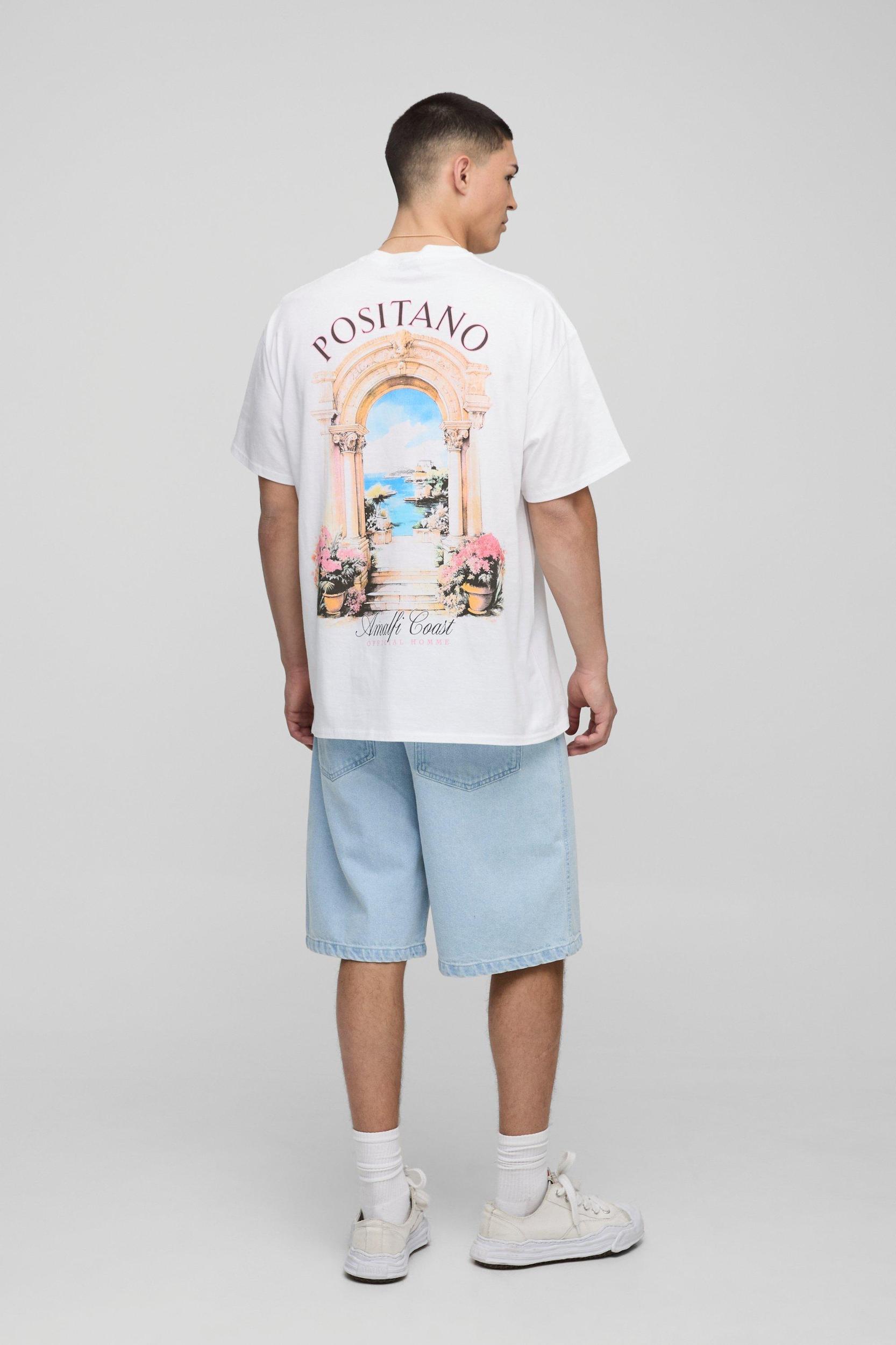 White Oversized Positano Landscape T-Shirt | boohooMAN USA Product Image