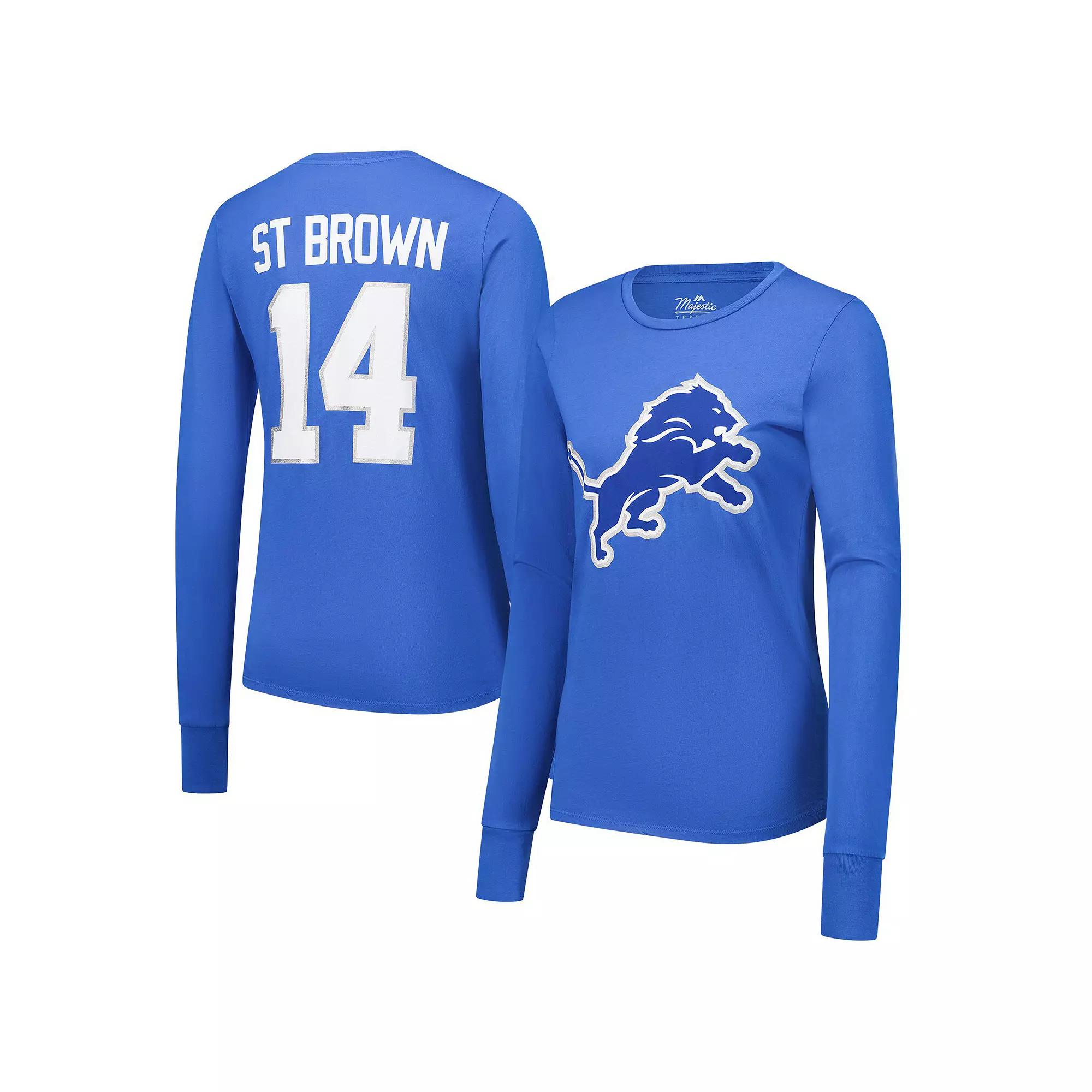 Women's Majestic Threads Amon-Ra St. Brown Blue Detroit Lions Player Name & Number Long Sleeve T-Shirt, Size: Small Product Image