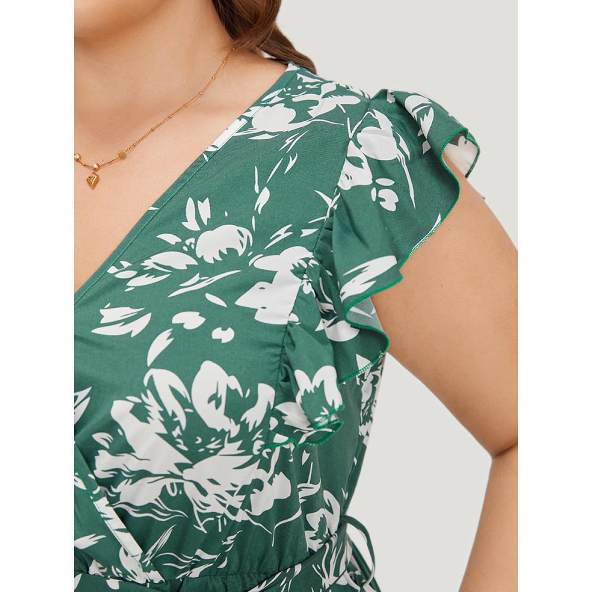 Plus Size Floral Print Belted Ruffle Cap Sleeve Pocket Dress Green Women Elegant Wrap V-neck Cap Sleeve Curvy Midi Dress BloomChic 22-24/3X Product Image