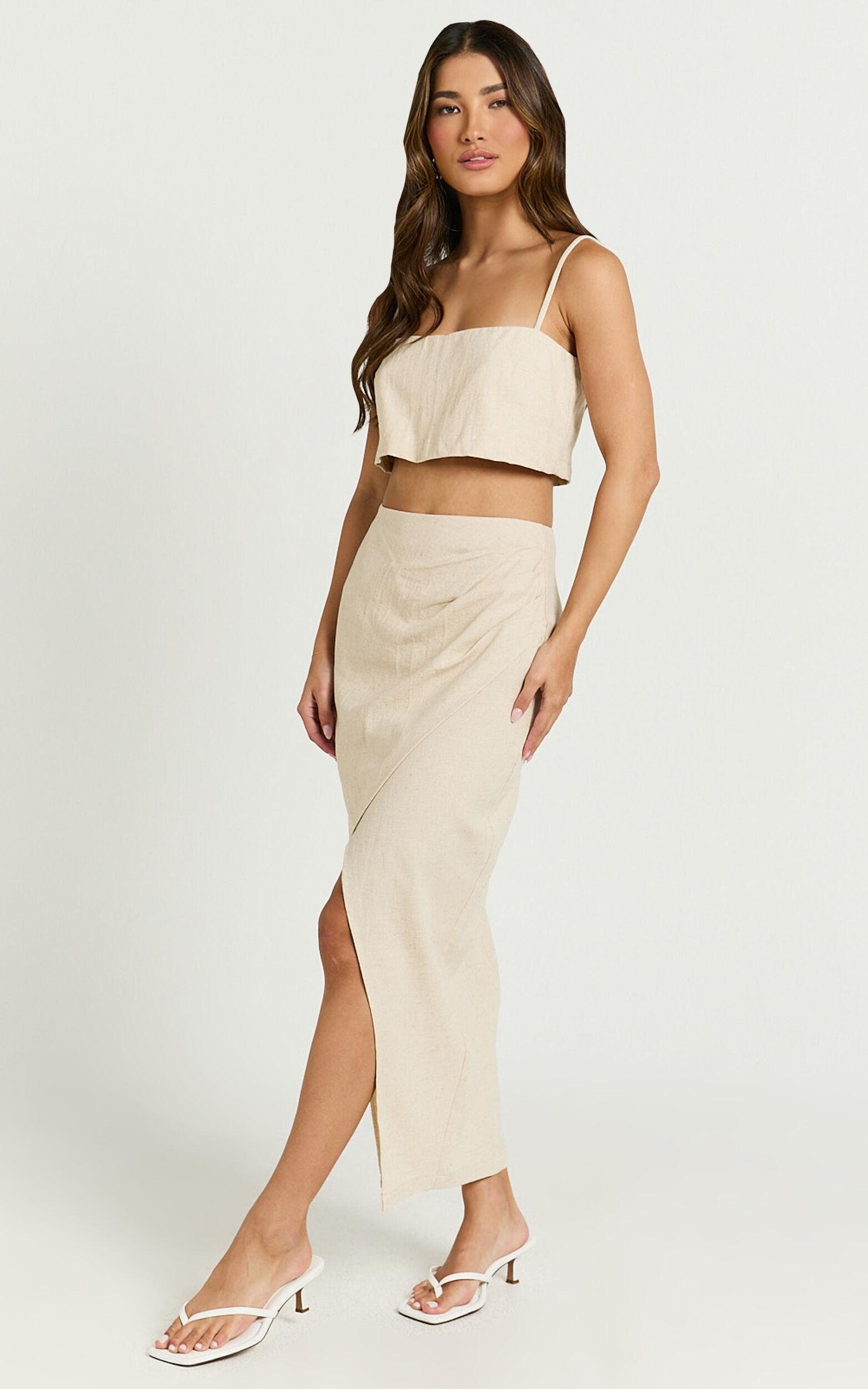 Sabrina Two Piece Set - Linen Straight Neck Crop Top and Wrap Front Split Skirt in Natural Product Image