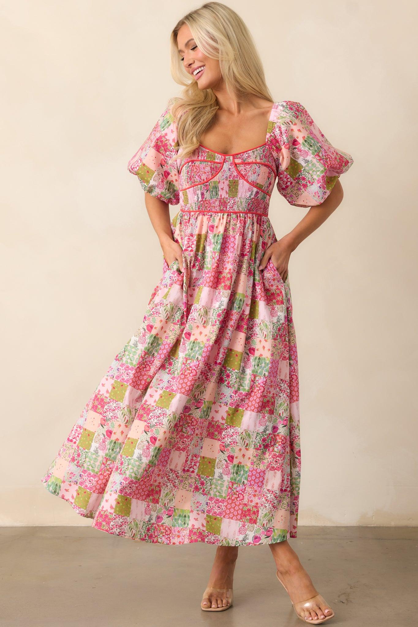 In My Free Time Pink Cotton Patchwork Maxi Dress Product Image