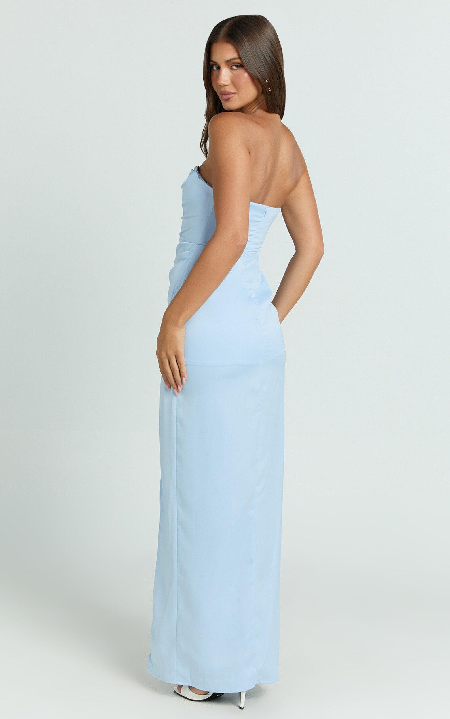 Camila Maxi Dress - Corset Panel Drape Matte Satin Dress in Blue Product Image