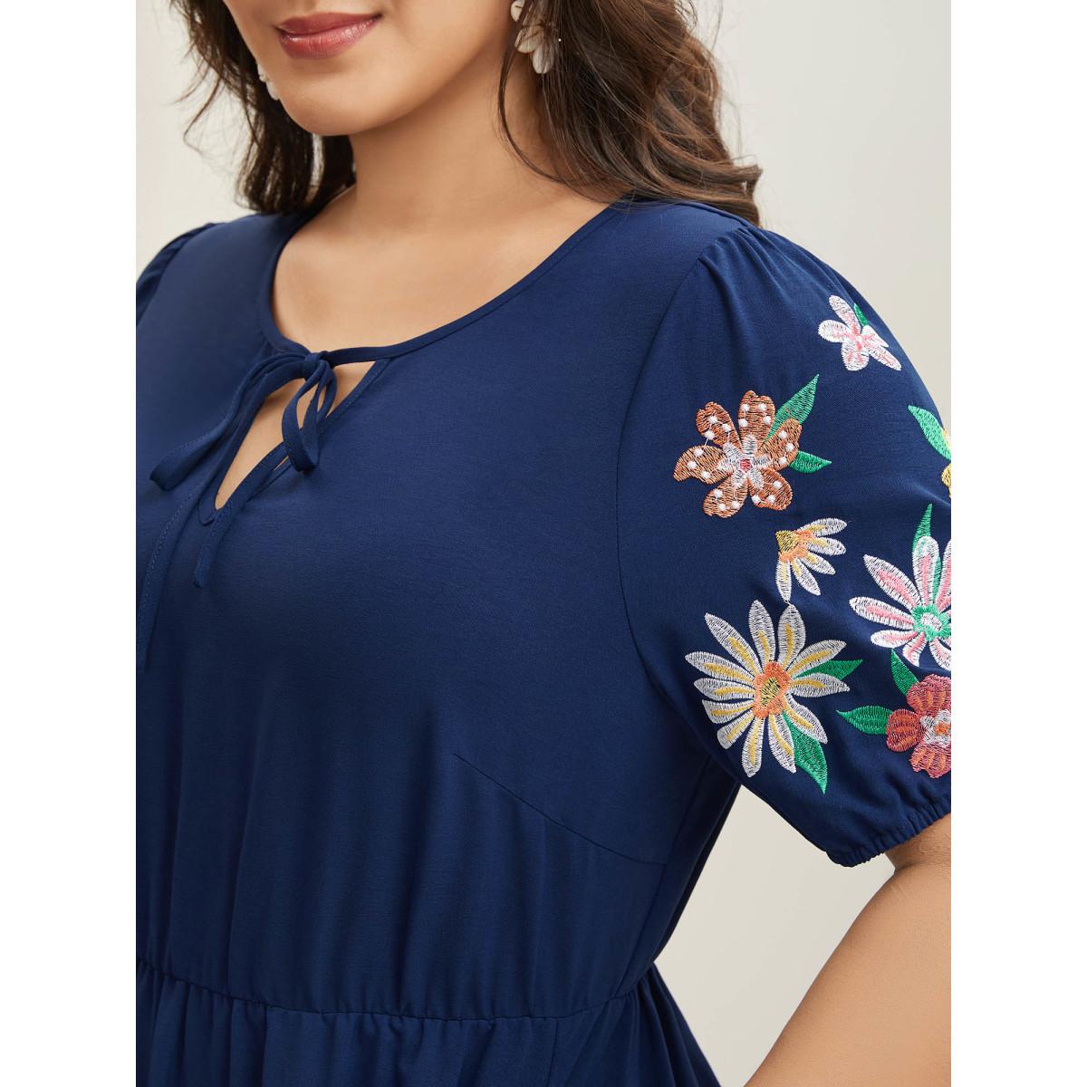 Plus Size Floral Embroidered Neck Tie Midi Dress Indigo Women Notched collar Short sleeve Curvy BloomChic 22-24/3X Product Image