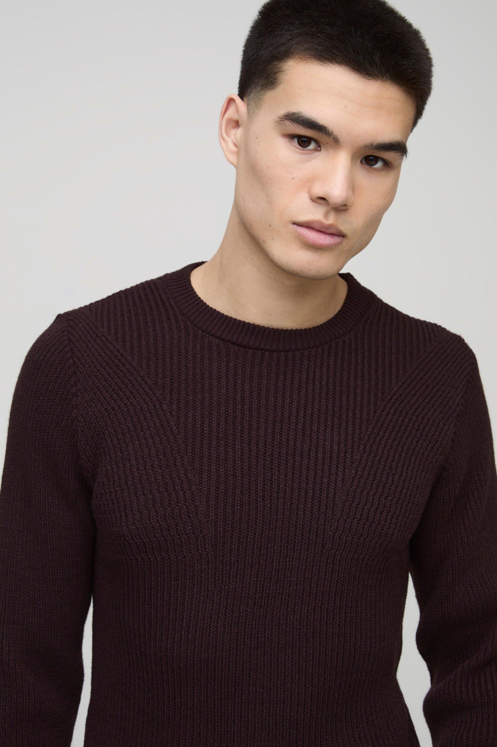 Regular Fit Crew Neck Ribbed Panelled Knitted Sweater | boohooMAN USA Product Image