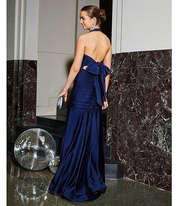 Honey and Rosie Halter V-Neck Tie Back Cummerbund Waist Gown Product Image