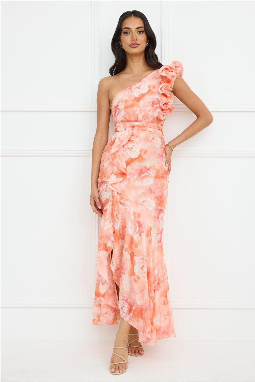 Serene Chic One Shoulder Maxi Dress Peach Product Image