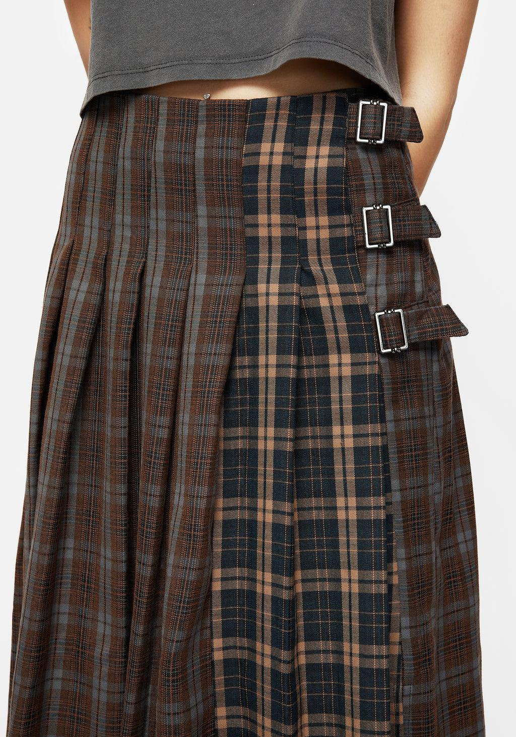 Raven Pleated Check Buckle Detail Maxi Skirt Product Image