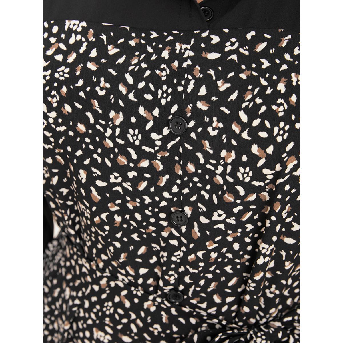 Plus Size Leopard Patchwork Pocket Button Up Belted Split Dress Black Women Office Patchwork Shirt collar Long Sleeve Curvy Midi Dress BloomChic 28/5X Product Image