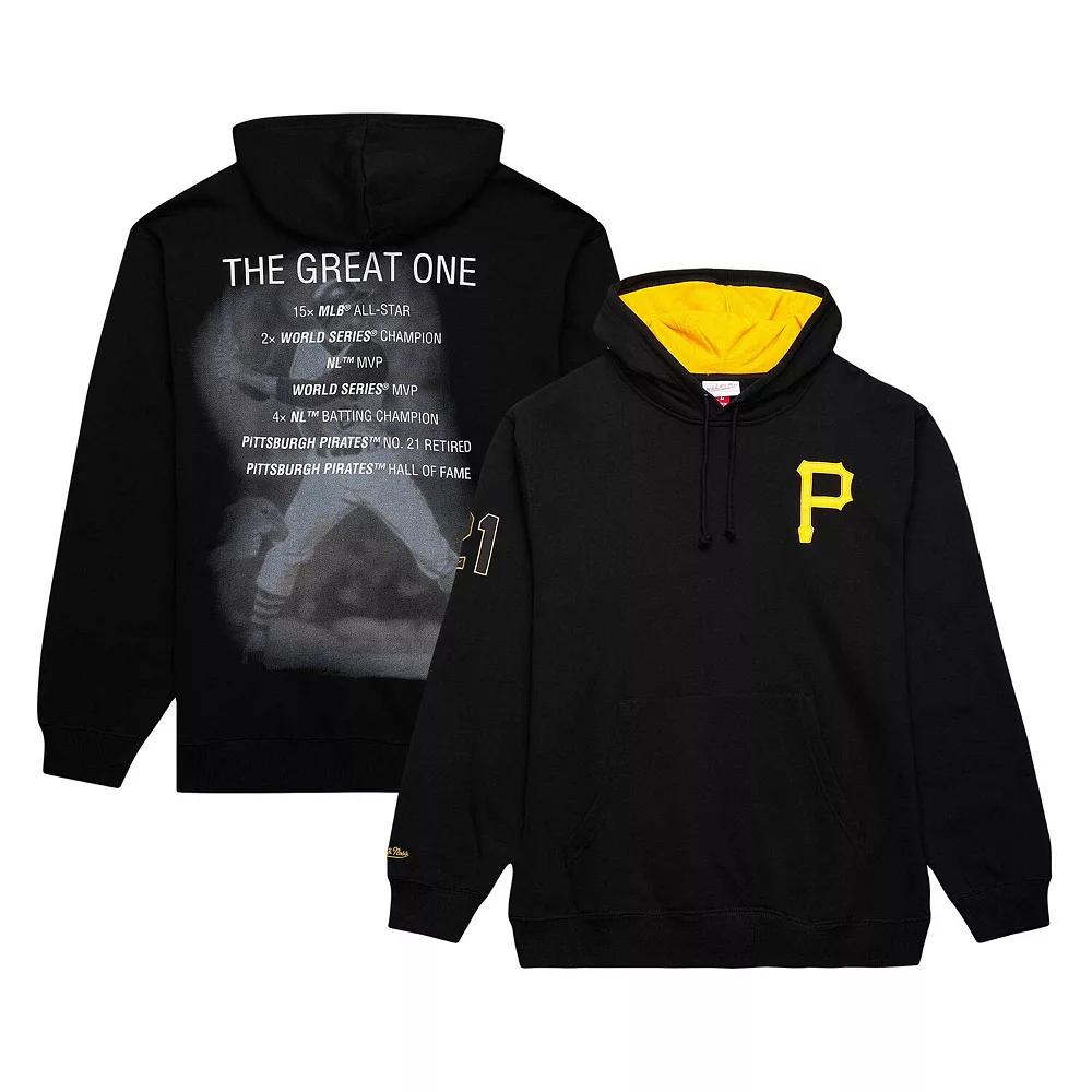 Men's Mitchell & Ness Roberto Clemente Black Pittsburgh Pirates Vintage Logo Name & Number Pullover Hoodie, Size: Medium Product Image