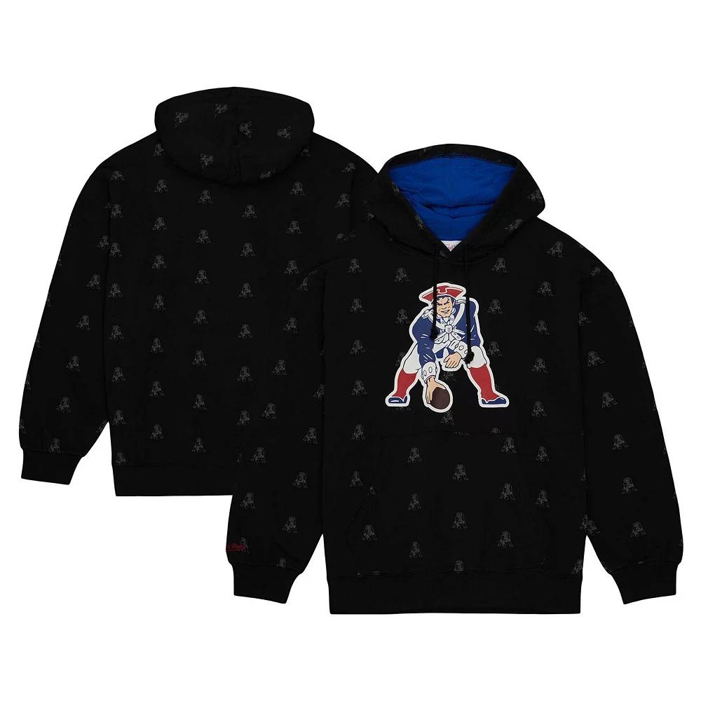 Men's Mitchell & Ness Black New England Patriots Allover Print Fleece Pullover Hoodie, Size: Large Product Image
