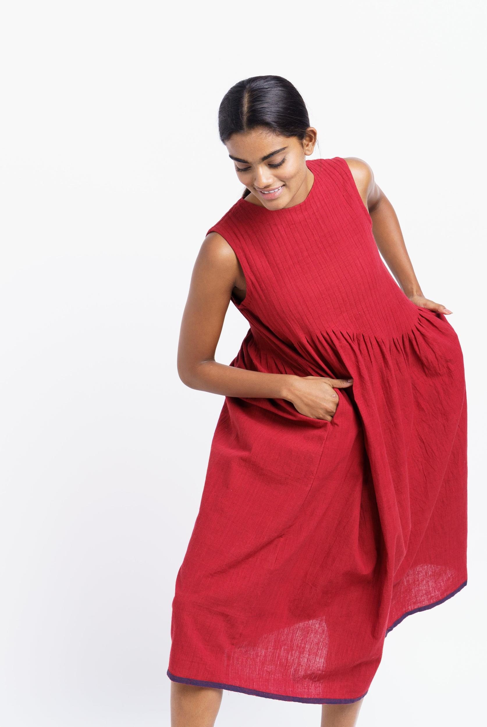 Red pleated midi dress Product Image