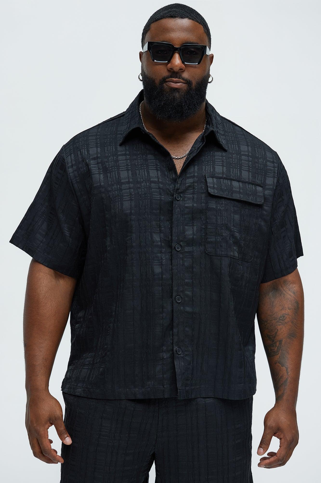 Plaid Crinkle Closed Collar Shirt - Black Product Image