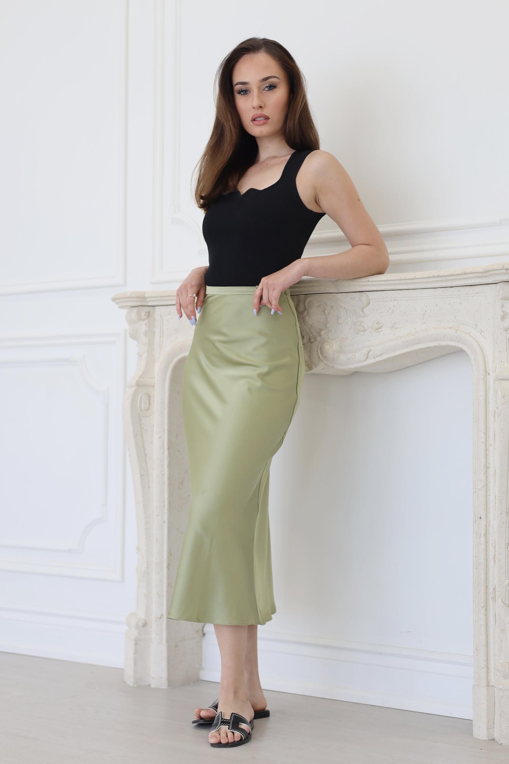 High Waist A-Line Midi Satin Skirt Avocado Product Image
