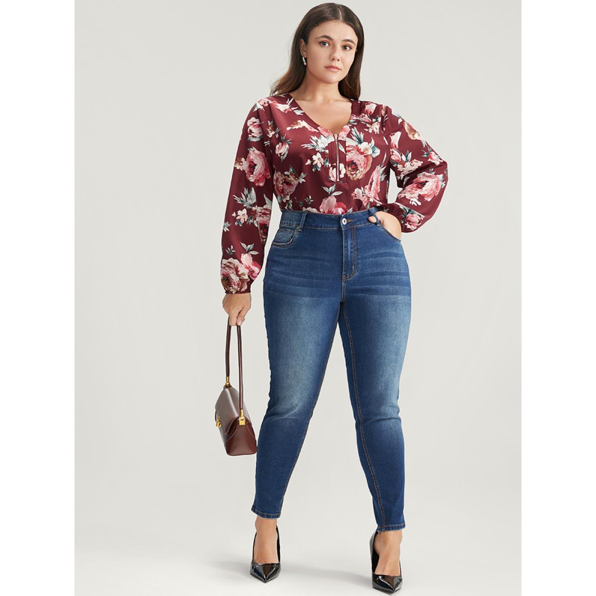 Plus Size Burgundy Floral Lantern Sleeve Zipper V Neck Blouse Women Elegant Long Sleeve V-neck Dailywear Blouses BloomChic 18-20/2X Product Image