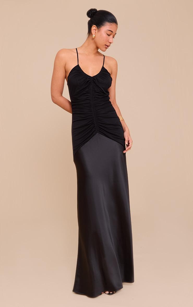Black Ruched Detail Satin Maxi Slip Dress Product Image