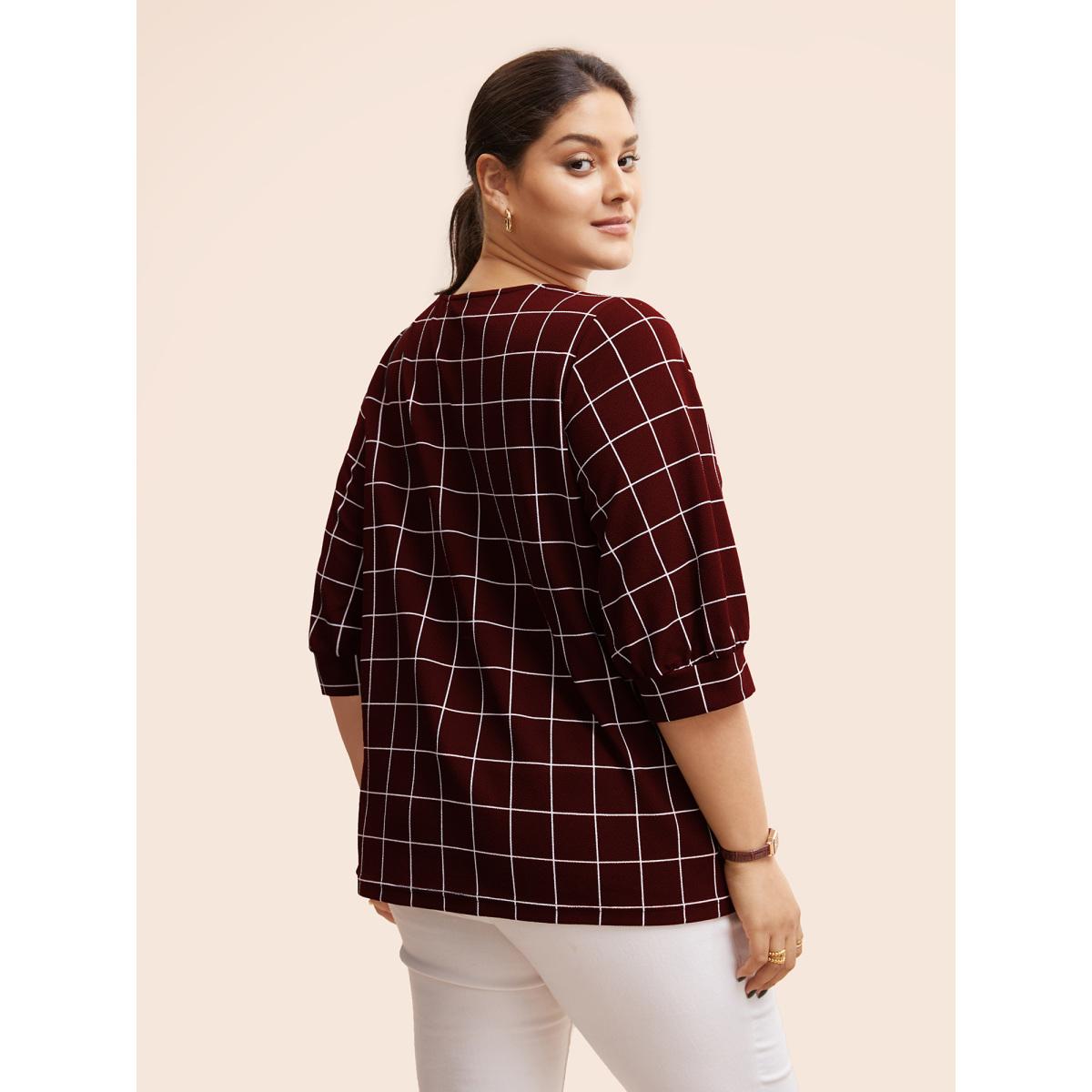 Plus Size Plaid Round Neck Lantern Sleeve T-shirt Black Women At the Office Printed Plaid Round Neck Office T-shirts BloomChic 22-24/3X Product Image
