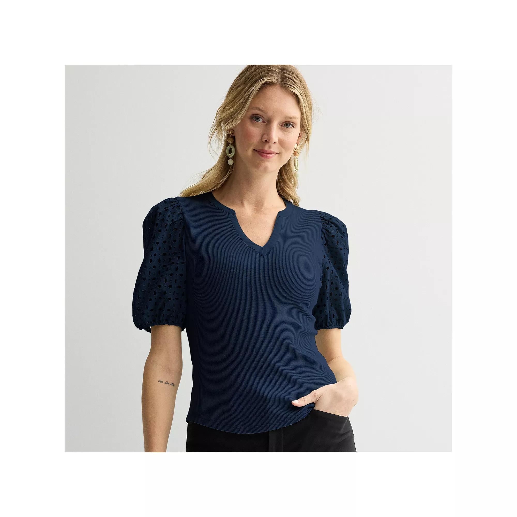 Women's Nine West Mixed Media Puff Sleeve Y-Neck Top, Size: Large, Captain Product Image