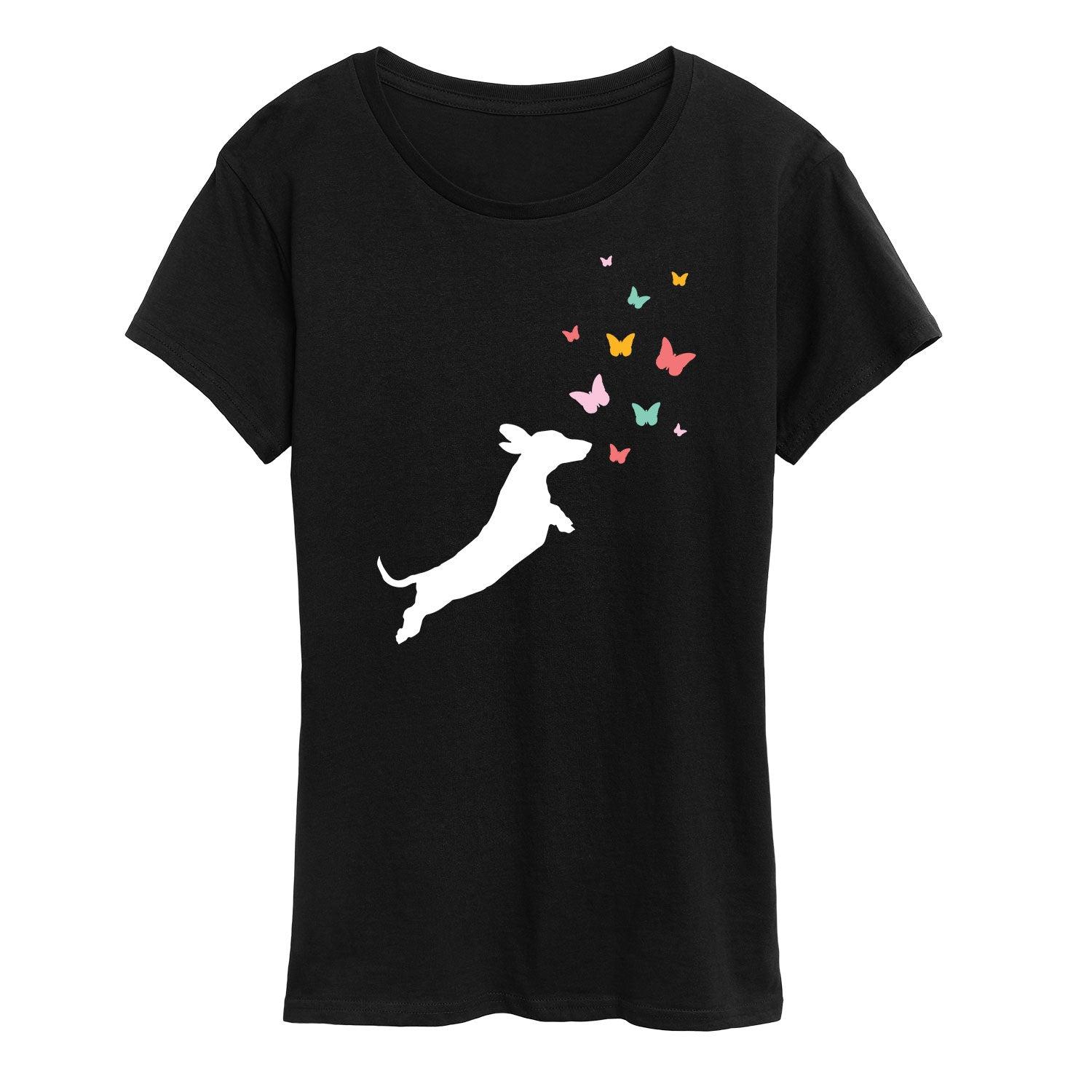 Women's Dachshund Chasing Butterflies Graphic Tee,  Product Image
