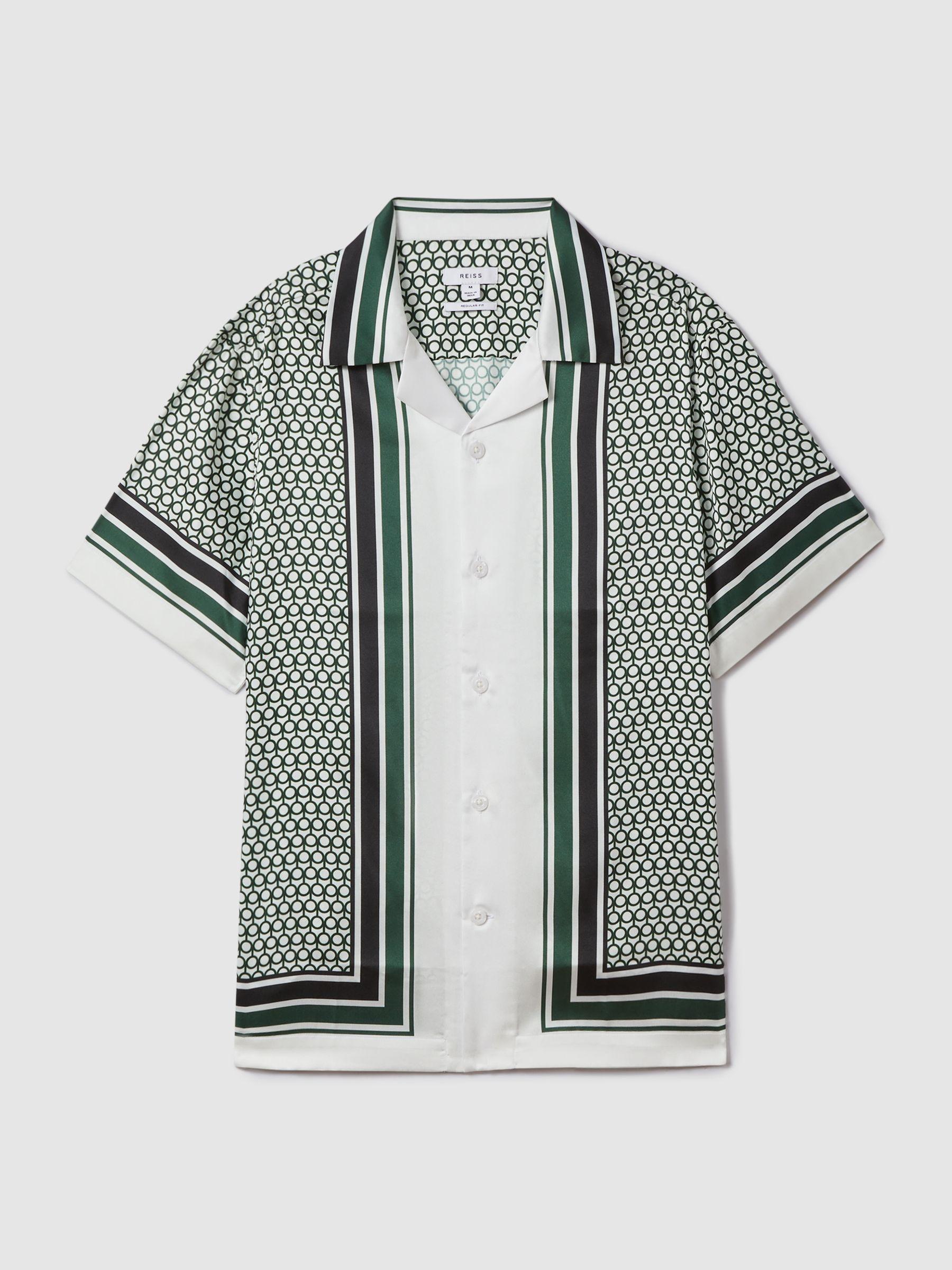 Geometric Print Cuban Collar Shirt in White/Green Product Image