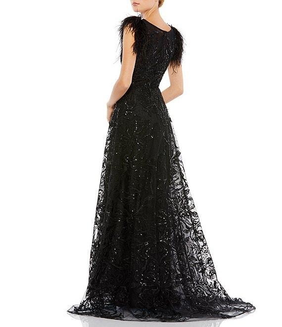 Mac Duggal Round Neck Short Feather Sleeve A-Line Beaded Floral Gown Product Image