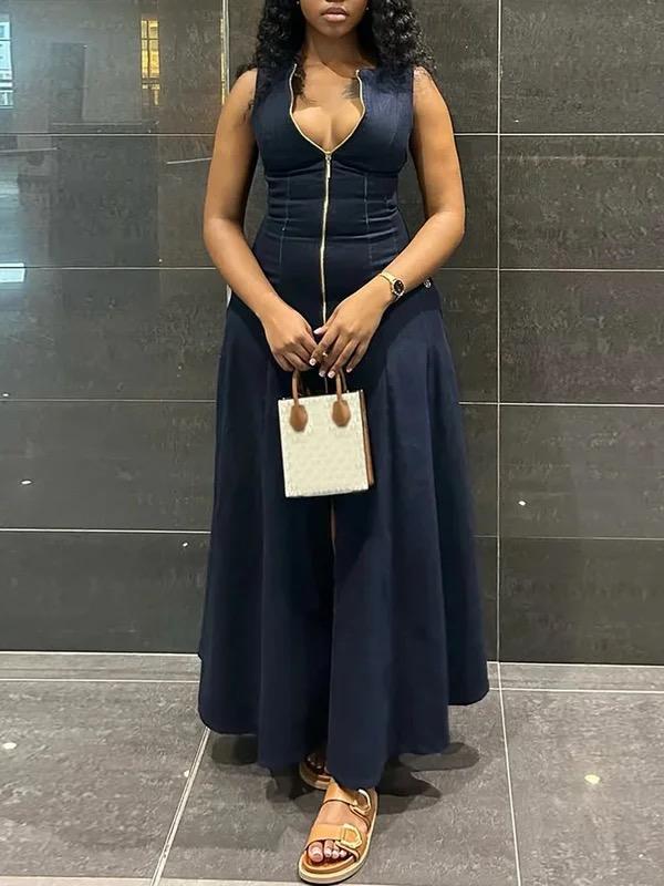 High Waisted Loose Solid Color Split-Front Zipper V-Neck Maxi Dresses Product Image